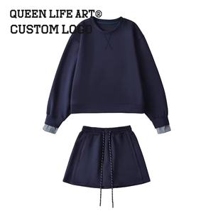 Conjunto de Sudadera con Capucha de Dos Piezas de Gran Tamaño para Mujer, Top Corto, Vestido Corto de Punto de Algodón y Licra, Estampado con Cremallera y Bordado, Y2K, a Medida, 1 Unidad - Product Image 3