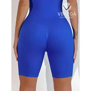 Combinaison de sport Vetega bleue côtelée pour femme, body de yoga sans manches à épaules dénudées avec taille naturelle, design court confortable - Product Image 3