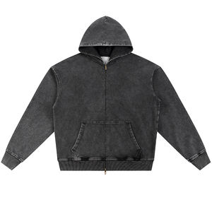 Streetwear Men Cotton Denim Zip Spring Custom Logo Vintage Oversized Solid <b>Black</b> Wash Sun Faded Distressed Breathable - Product Image 1