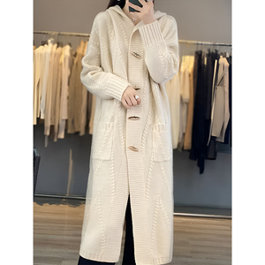 Guoou Inner Mongolia Wool Mid <strong>Long</strong> Cashmere Sweater Cable <strong>Cardigan</strong> <strong>Hooded</strong> <strong>Cardigan</strong> <strong>Women</strong> - Product Image 3