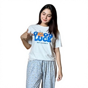 Conjunto de Pijama Casual de Verano para Mujer, 100% Algodón, Transpirable, Ecológico, Camiseta Estampada AOP, Pantalones con Cordón, Suaves y Lavados - Product Image 1