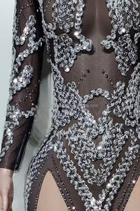 Senxi Falda Corta Negra de Malla con Brillos y Diamantes de Imitación, Cuello Alto, Estilo Envolvente, para Desfile, Bar, Actuación de DJ, Disfraz - Product Image 4