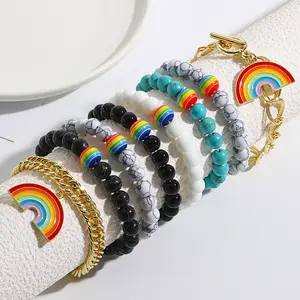 Venta caliente mejores amigos Arco Iris pareja pulsera con cuentas forma de corazón magnético Arco Iris amistad pulsera