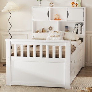 Lit enfant avec étagère et tiroirs, blanc, en bois massif, meubles de chambre pour enfants - Product Image 3