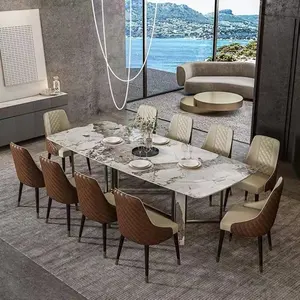 Conjunto de mesa de jantar moderno em mármore e cromo, mobília de metal para casa, mesa de jantar e cadeira, conjunto para 8 pessoas, luxuoso asiático