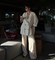 Ensemble 2 Pièces Décontracté Femme : Veste Longue à Manches Froncées et Pantalon Large Fluide Pour l'Été
