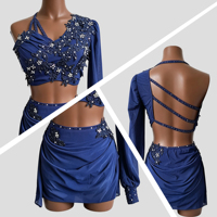 Costume de danse lyrique personnalisé 2 pièces, robe de danse jazz bleu marine, jupe asymétrique en maille, tenue de scène pour compétition