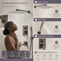 Ensemble de douche contemporain en laiton avec pommeau de pluie carré, douchette à main et bec de baignoire, finition bronze huilé