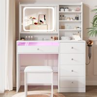 Ensemble de meubles de chambre à coucher modernes en bois blanc, coiffeuse avec plateau en verre, bande lumineuse RGB, miroir LED intelligent, station de charge