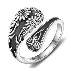 2026 New Arrival Bohemian <b>Spoon</b>-Shaped Open <b>Ring</b> Unisex Accessories Retro Antique Silver Sunflower <b>Ring</b> Gifts for Women - Product Image 1
