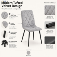 Chaise de salle à manger en velours capitonnée à dossier haut, rembourrée, grise, avec pieds en métal noir, ergonomique, pour la maison, le restaurant, moderne