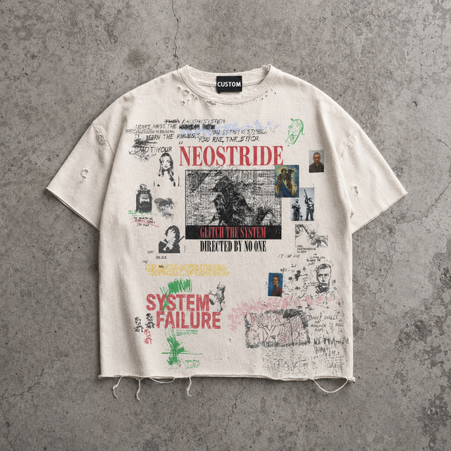 Full Print Brand Design Streetwear Distressed Vintage Graphic Tees Men Washed T-Shirt Round Neck T Shirt 100 Cotton Tshirt 240G