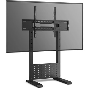 Support TV de table en acier pour téléviseurs de 42 à 90 pouces, capacité de charge de 70 kg, réglage en hauteur, rangement, crochets pour panneau perforé, support double colonne pour enceintes - Product Image 1