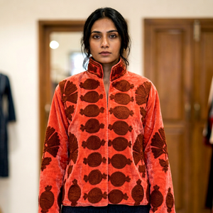 <b>Womens</b> Orange <b>Velvet</b> Embroidered <b>Jacket</b> with Geometric Floral Pattern Stand Collar Long Sleeve - Product Image 1
