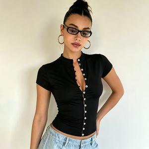 Black Mock Neck Cut Out Shell Button Front Slim Fit Short Sleeve T Shirt Street Fashion Sexy Y2K Hot Girl <b>Crop</b> <b>Top</b> for Women - Product Image 1