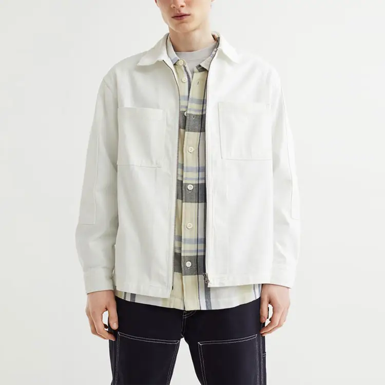 Hoge Kwaliteit Zuiver Wit Katoen Twill Jacket Voor Mannen Custom Label Wit Shirt Jacket Casual Windbreaker Dunne Jassen
