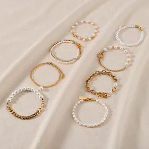 Perles d'eau douce bijoux 2024 Vintage femmes mode acier inoxydable plaqué or perle d'eau douce Bracelet