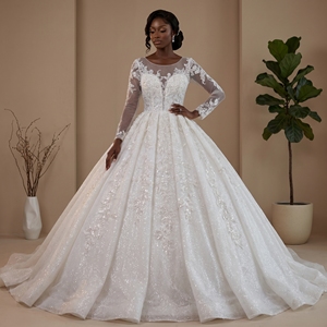 Nouvelle robe de mariée de luxe en dentelle, robe de bal longue jusqu'au sol avec appliques, imprimé floral, manches longues, traîne de chapelle, taille plus, Lsbh16 - Product Image 1