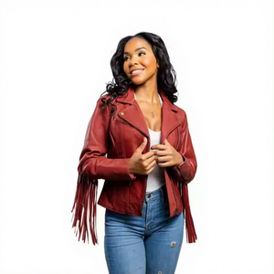 Chaqueta de cuero auténtico rojo oscuro para mujer con flecos en las mangas, borlas, piel de oveja, estilo vaquero occidental, abrigo de motociclista, ropa de abrigo personalizada para invierno - Product Image 1