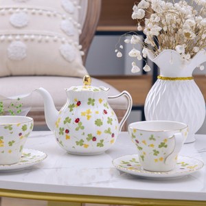 Ceramic <b>Tea</b> <b>Set</b> - Four Leaf Clover Teapot with 2 Cups and Saucers - Product Image 1