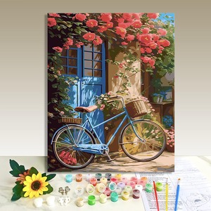 Kit d'art sur toile : Vélo bleu, scène florale, impression numérique, rectangle, peinture à la main, DIY, décoration florale rose, peinture par numéros - Product Image 1