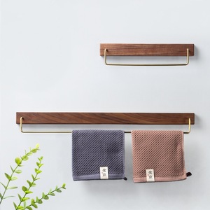 Porte-serviettes en bois massif et laiton, sans perçage, étagère de rangement pour salle de bain, barre murale pour serviettes, porte-serviettes de bain, barre simple - Product Image 1
