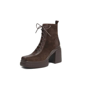 Botines de Piel de Oveja con Cordones Delanteros, Tacón Grueso, Suela Gruesa, Estilo Retro Clásico, Casual, Cómodos, a la Moda, Combinan con Todo - Product Image 1