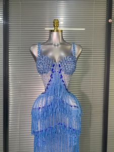 S3432N 2026 Nuovo Abito <span class=keywords><strong>da</strong></span> <span class=keywords><strong>Sera</strong></span> Lungo Blu con Gonna Ampia, Vita Bassa, Romantico, Scintillante con Strass e Frange, Trasparente e Sexy - Product Image 2