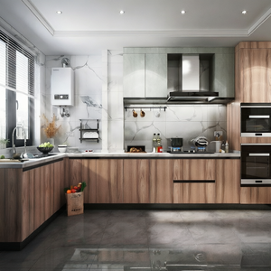 Meubles de cuisine modernes sur mesure BALOM, étagères flottantes en chêne noueux, plan de travail en pierre gris foncé, style naturel et organique - Product Image 5