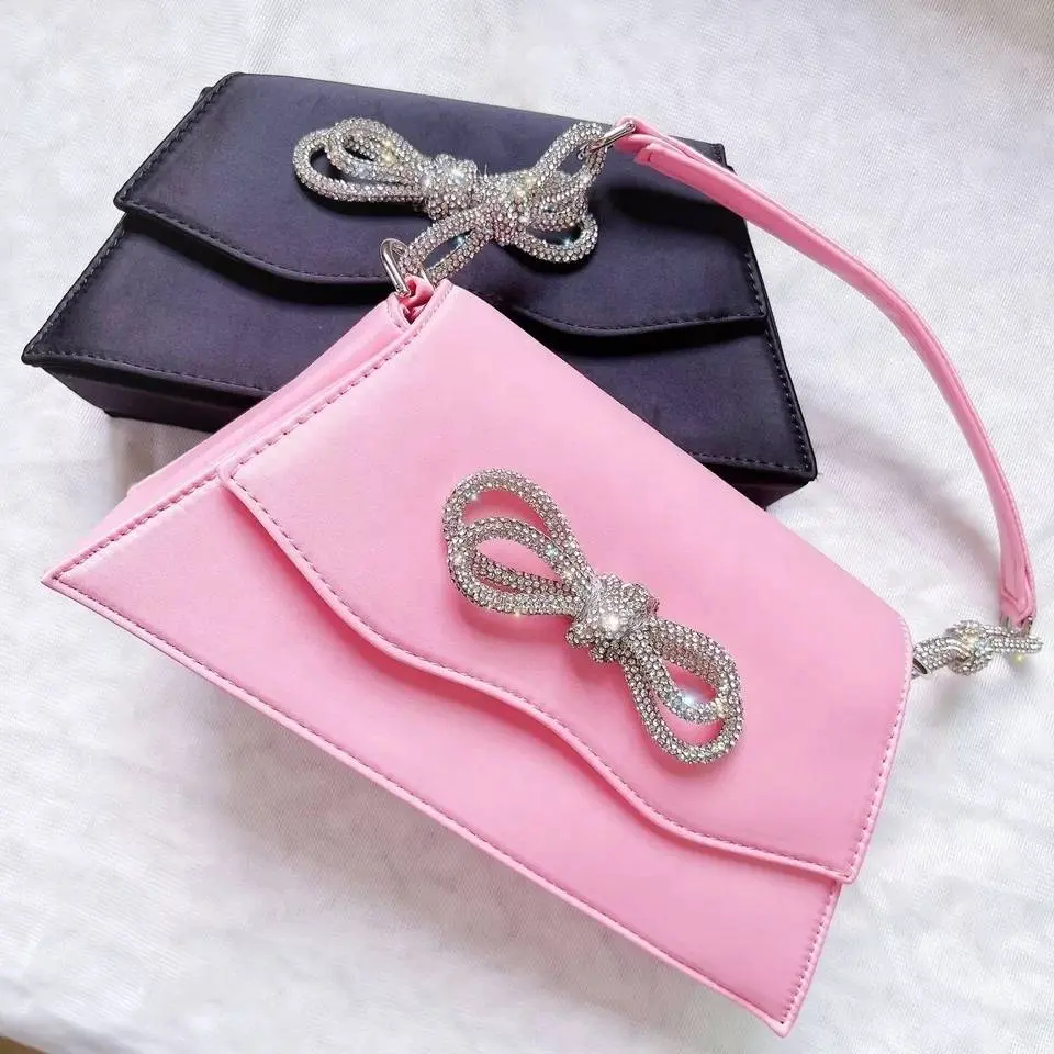 Fashion Luxury Women's Bags Satin Crystal Rhinestone Shinny Pink Double Bow Shoulder Bag Handbag
