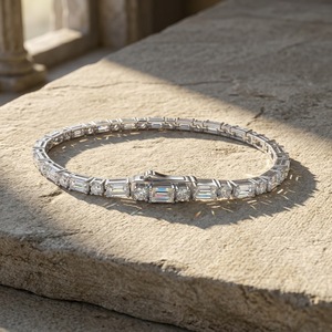 Women's Yellow Gold Plated Tennis <b>Bracelet</b> With Baguette Cut Moissanite Channel Setting Luxury Geometric Design Wedding Jewelry - Product Image 4