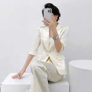 Women's Satin Suit Set 2026 New Arrival Spring Autumn Work Casual Blazer Pants Solid Color Polyester Fiber Women's Outfit - Product Image 3