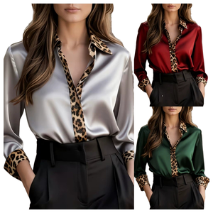 Chemisier décontracté pour femme en maille à imprimé léopard, col rabattu, manches longues boutonnées, coupe droite, raglan, respirant, printemps - Product Image 1