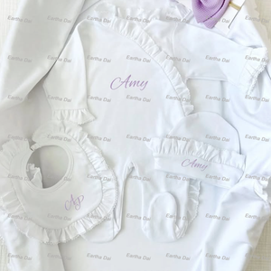 Vestiti per neonato arruffati Footie Pima cotone Outfit per bambina che torna a casa completo con cappelli, set di tute con bavaglino - Product Image 5