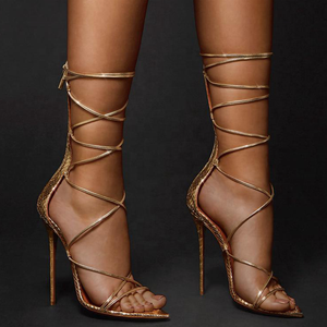 Sandalias de Mujer con Punta Abierta y Patrón Elegante, Tacón Fino, Banda Estrecha, con Cordones, Zapatos de Vestir de Verano para Damas, Talla Grande 45 - Product Image 3