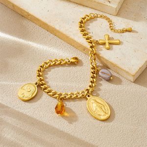 European American Gold Plated 18K Oval Saint Cross Pendant Stainless Steel <b>Beaded</b> Jewelry <b>Set</b> Religious Ceremonies Unisex - Product Image 3