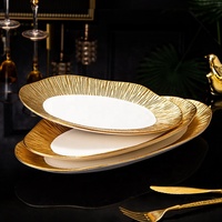 Plateau de service ovale à bordure dorée, assiette ovale élégante en céramique pour poisson, sushi, apéritif, plat de style moderne pour la maison et le restaurant
