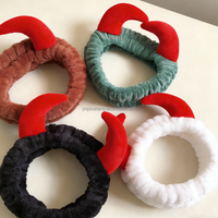 Nouveau Bandeau Élastique en Polaire Corail pour Filles, avec Cornes Amusantes en Peluche 3D, pour Maquillage, Yoga, Spa et Lavage du Visage