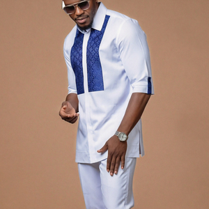 Ensemble 2 pièces pour homme, chemise à manches longues à col rond en polyester brodé style Dashiki ethnique africain, tailles S-3XL, avec pantalon à nouer - Product Image 2