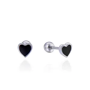 Dainty 925 Sterling Silver Black Enamel Heart Earring Stud with screw back Heart Earring