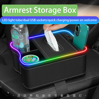 Vente flash : Console d'accoudoir de voiture avec 2 ports USB, lumière colorée universelle, boîte de rangement musicale