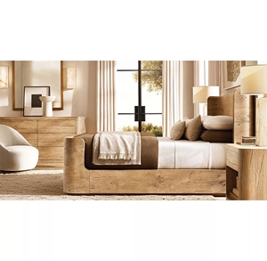 Lit double simple en bois massif de style américain, avec pieds hauts et bas, pour chambre à coucher, hôtel, villa, taille personnalisable - Product Image 1