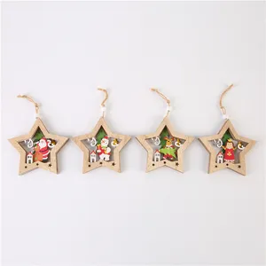 Wooden Crafts Christmas Tree Decorations Five-Pointed Star Shape Ornament With Character