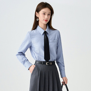 Blue Striped Shirt Women Long Sleeve Slim Fit Work Office Formal Poplin Polyester Fabric Simple Style - Product Image 4