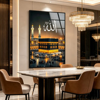 Décoration d'intérieur : Tableau lumineux LED en verre et céramique, avec calligraphie islamique de la Mecque, représentant la Mosquée Al Haram, encadré, effet diamant