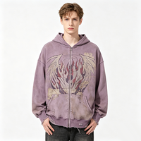 Sweat à capuche zippé à ourlet brut, imprimé artistique Kornit DTG motif ailes de feu, effet vieilli vintage, délavé à la pierre, coupe oversize