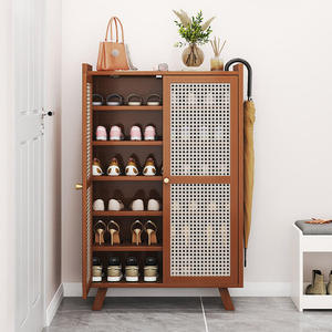 Mobile Portascarpe Moderno <span class=keywords><strong>in</strong></span> <span class=keywords><strong>Legno</strong></span> Massello e Rattan Intrecciato, Scaffale Multilivello per Scarpe da Soggiorno - Product Image 5
