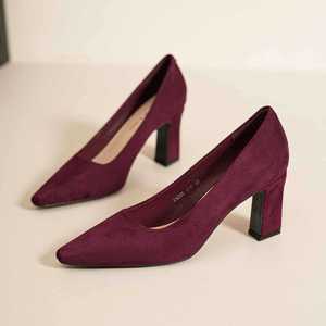 Escarpins en daim à bout pointu, talon carré de 5 cm ou 8 cm, chaussures de bureau confortables pour femme, couleur unie rouge, style automne-hiver - Product Image 1