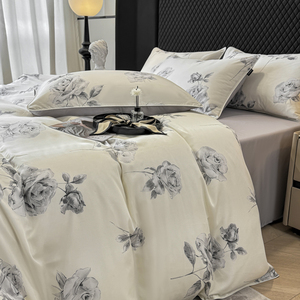 Parure de lit 4 pièces en satin de lyocell imprimé floral 300 fils, résistante aux plis, toutes saisons, 100S - Product Image 2