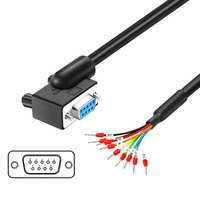 Cable conector RS232 DB9 de 180 grados con terminal abierto, macho a hembra, con tubo marcador numerado en la parte inferior.